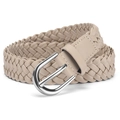 Women's beige woven braided leather belt with a polished silver round pin buckle - Total Length 110 / Khaki