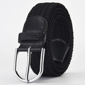 Elastic braided belt for men and women with black woven strap and silver metal buckle - Black