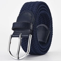 Elastic woven navy blue belt with silver pin buckle and synthetic leather details - Navy Blue