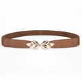 Ceinture élastique marron pour femme avec boucle feuille dorée et texture en similicuir - Camel