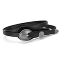 Vintage black leather belt with silver floral buckle and embossed woven texture - Standard / Black