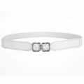 White elastic slim waist belt featuring a silver twisted buckle with square resin inlays - White