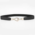 Elegant black elastic waist belt with interlocking gold buckle for dresses and jackets - Black