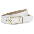 Minimalist white faux leather skinny belt for women featuring a polished gold pin buckle - White