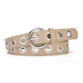 Women's khaki faux leather belt with double silver eyelets and a round buckle - 107cmx2.8cm / Khaki