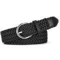 Classic black woven PU leather belt for women featuring a vintage round metal buckle - Black