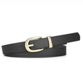 Vintage black PU leather skinny belt with elegant gold U-shaped pin buckle for women - Black