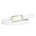 Classic white PU leather thin belt for women featuring a gold oval metal pin buckle - White