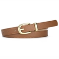 Classic brown PU leather skinny belt with golden horseshoe buckle and lychee texture - Camel