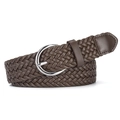 Dark brown woven PU leather belt for women with a silver round metal pin buckle - Coffee
