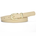 Minimalist beige PU leather skinny belt with elegant gold oval buckle and stitched edges - Beige