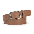 Classic brown leather belt for jeans with matte silver buckle and yellow stitching details - Standard (106x3.3) / Camel