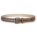 Brown leather thin belt with punk style metal eyelets and a gunmetal square buckle - Camel