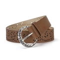 Cintura vintage in pelle marrone traforata da donna con fibbia floreale argentata - Cammello