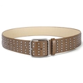 Brown punk wide leather belt with double rows of silver metal rivets and buckle - Camel+Silver Buckle