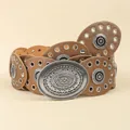Detail of bohemian brown leather belt with antique silver rivets and carved metal buckles - Antique Silver Champagne