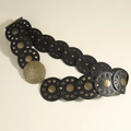 Cinturón retro de cuero negro para mujer con remaches dorados y hebilla martillada - Bronce Negro / 100cm