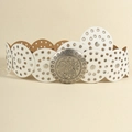 Cintura retrò bohémien con toppe rotonde bianche e marroni e fibbia in argento sbalzato - Argento Bianco / 101cm