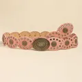 Macro detail of pink leather belt with metallic studs and engraved floral buckle - Antique Bronze Pink / 106cm