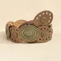 Close-up of bohemian brown leather belt with bronze oval buckle and sun rivets - Bronze Champagne