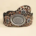 Detail of wide leopard print belt featuring vintage silver buckle and metal eyelets - Silver Leopard