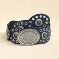 Detail of bohemian punk leather belt with floral engraved silver buckle and metal eyelets - Antique Silver Navy Blue