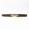 Women's skinny elastic belt in olive green with a golden leaf-shaped metal buckle - Dark Green