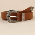 Cintura vintage in pelle marrone con fibbia in metallo argentato incisa con motivi floreali - Cammello