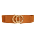 Elastische camelkleurige tailleriem voor dames met gouden getextureerde dubbele ringgesp - camel