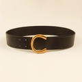 Cinturón de cuero negro para mujer con hebilla en C dorada y diseño de doble agujero - Negro / 100cm