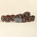 Vintage Bohemian dark brown leather belt with carved oval silver metal pieces - Silver Red Brown / 106cm