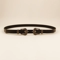Cinturón vintage de cuero negro para mujer con dos hebillas plateadas grabadas - Negro
