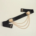 Elastic black waist belt featuring triple layered gold chains and studded metal plates - Small / Black