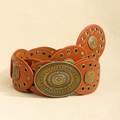 Bohemian brown leather belt with vintage floral buckle and gold metal eyelet details - Bronze Camel