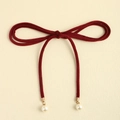 Deep red velvet knotted waist belt with elegant pearl charms and gold metal ends - Burgundy