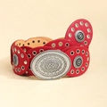 Bohemian punk red wide leather belt with silver eyelets and engraved metal buckle - Silver Red