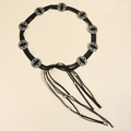 Black suede Bohemian waist belt with silver concho buckles and long tassel fringes - Black