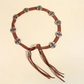 Bohemian brown suede waist belt with silver metal studs and long fringe tassels - Camel