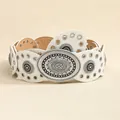 Bohemian punk white leather belt with silver oval floral buckle and metal eyelets - Silver White