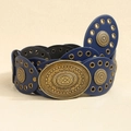 Bohemian punk navy blue leather belt with vintage bronze buckles and gold eyelets - Antique Bronze Navy Blue