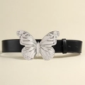 Women's wide black PU leather belt featuring a large silver butterfly metal buckle detail - Black