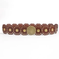 Detail of vintage brown leather waist belt with octagonal panels and gold studs - Bronze Red Brown