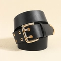 Classic black leather belt for women featuring double gold pin buckles and metal eyelets - Gold Double Eyelet Double Pin Buckle Style (19690)