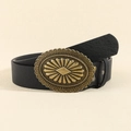 Retro black leather belt with oversized vintage brass buckle featuring sunburst design - Bronze Black (101cm)