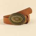 Vintage brown leather belt with large antique bronze sunflower buckle for jeans - Bronze Camel (101cm)