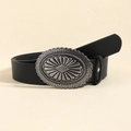 Women's vintage black faux leather belt with large oval silver sunburst metal buckle - Silver Black (101cm)