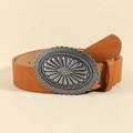 Vintage western-style brown leather belt featuring a large engraved silver buckle with sunburst motifs - Silver Camel (101cm)