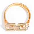 Elegant gold elastic metal waist belt with crystal encrusted double rectangle buckle - Geometric Square Buckle Gold (19421 Gold)