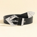 Cintura da donna in pelle nera con fibbia argentata martellata e punta in metallo - Fibbia Irregolare Martellata Vintage / Nero