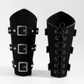 Gothic medieval black faux leather bracer with adjustable silver buckles and rivets - Black Suede Style